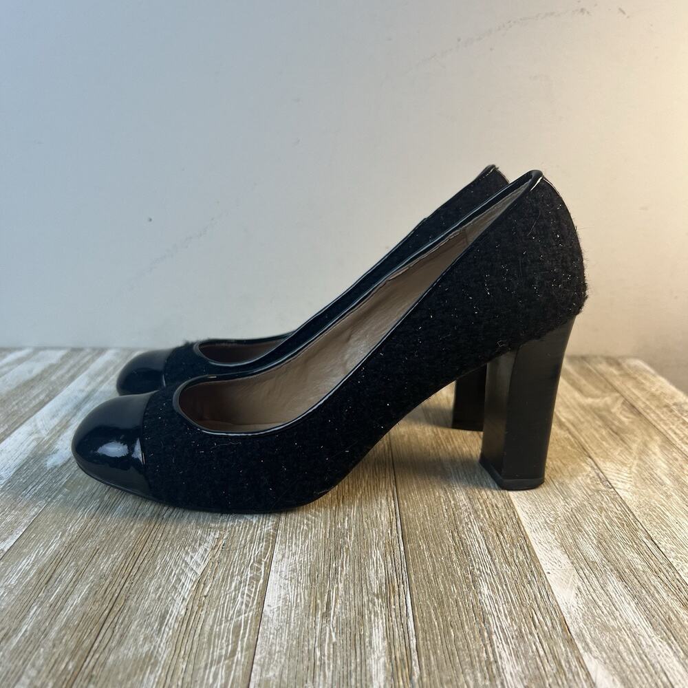 Talbots Cap Toe Pumps Block Heel Black Tweed Patent Leather Size 7.5